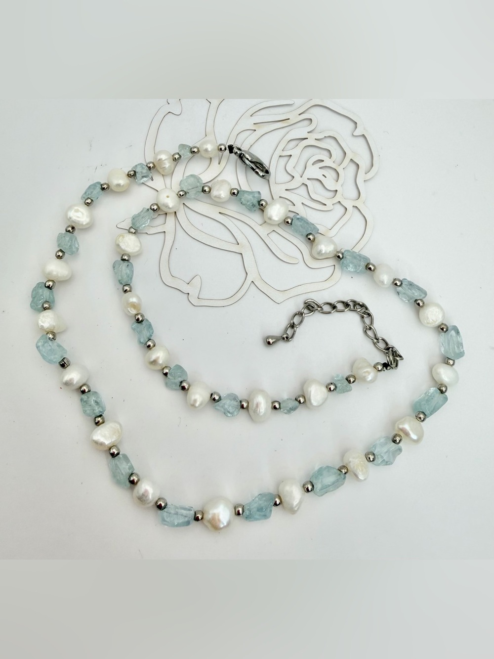 Aquamarine color and Pearl Beaded Necklace